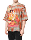 Multicolor Striped Graphic Linen Round Neck T-shirt