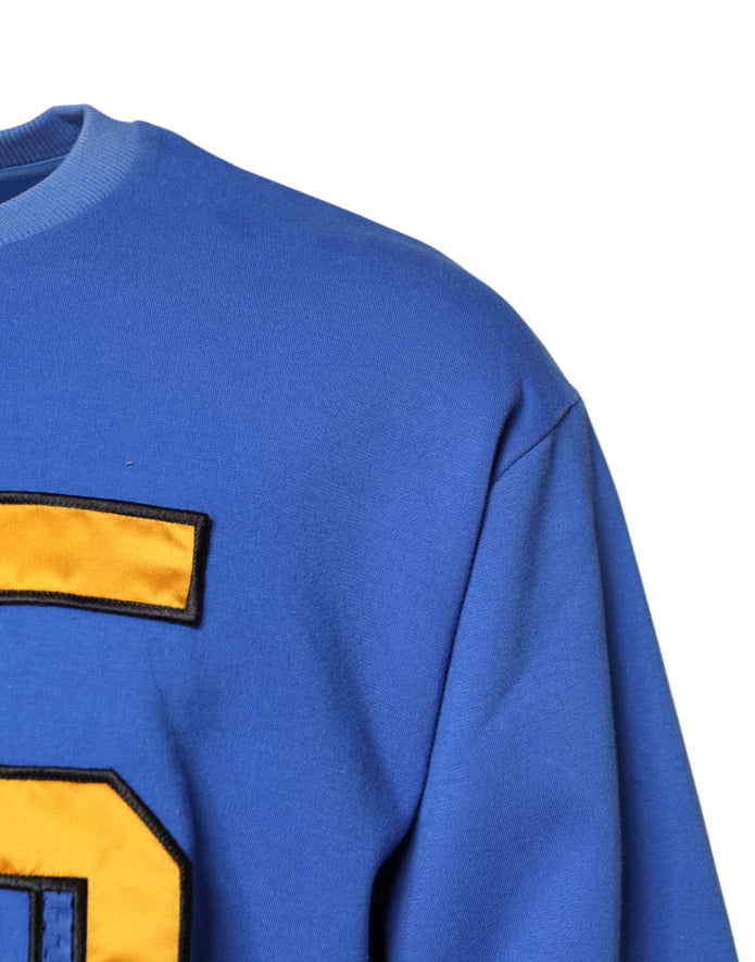 Blue Printed Cotton Cropped Crew Neck T-shirt