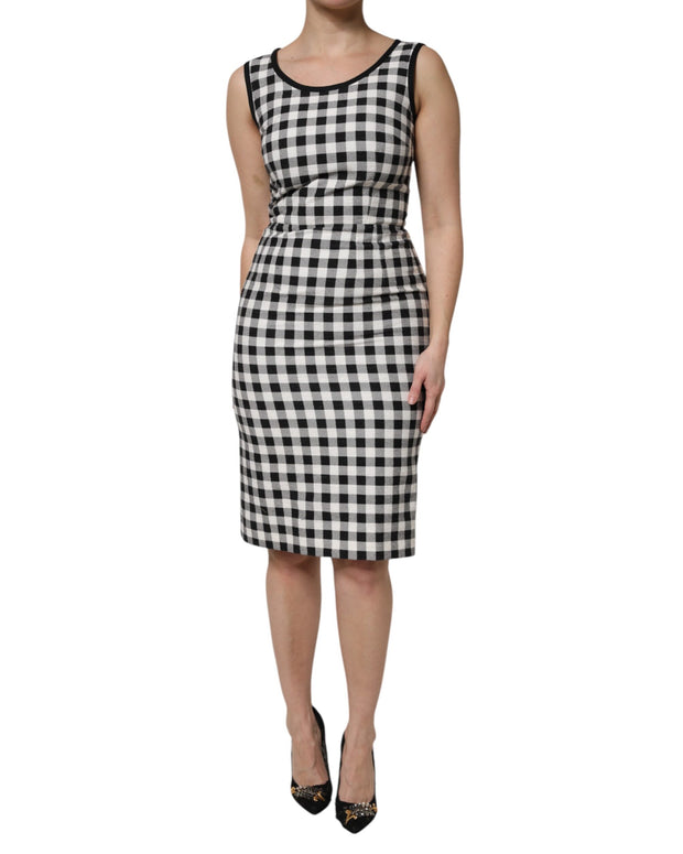White Black Checkered Sleeveless Sheath Dress