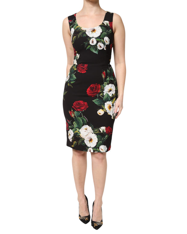 Black Floral Print Sleeveless Sheath Dress