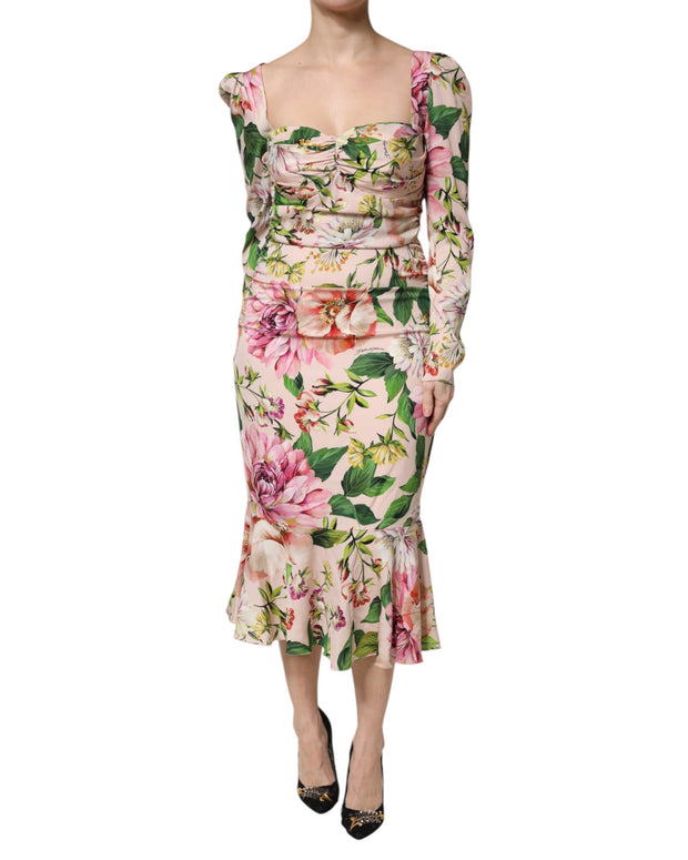 Pink Floral Silk Fit And Flared Midi Dress