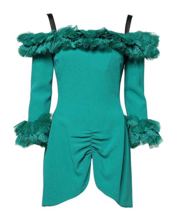 Green Lace Off Shoulder Sheath Mini Dress