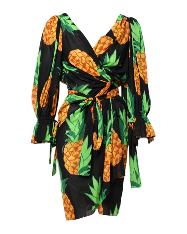 Black Pineapple Print Silk Wrap Mini Dress
