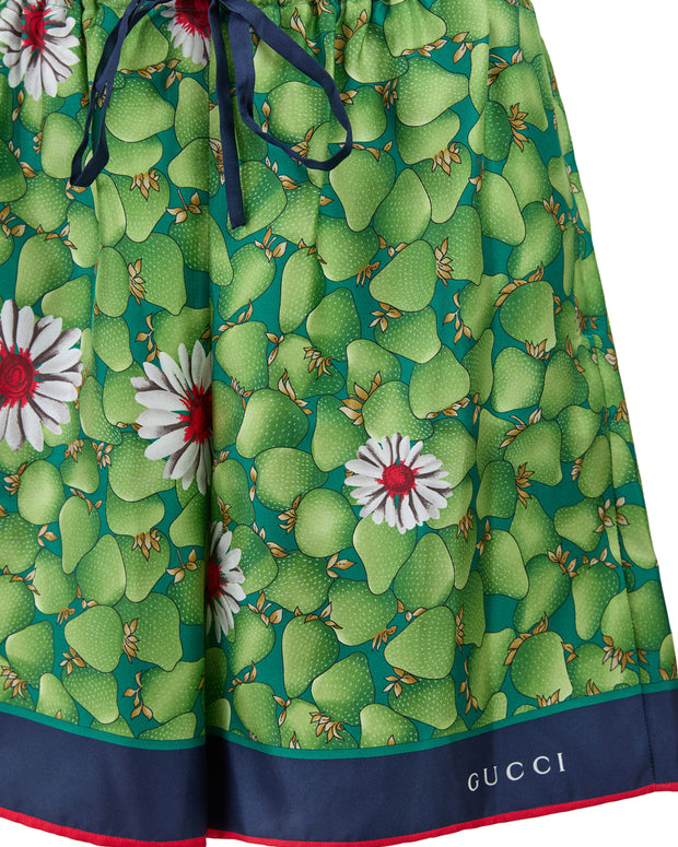 Green Flower Printed Silk Shorts