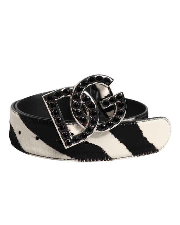 White Black Leather Zebra DG Crystal Buckle Belt
