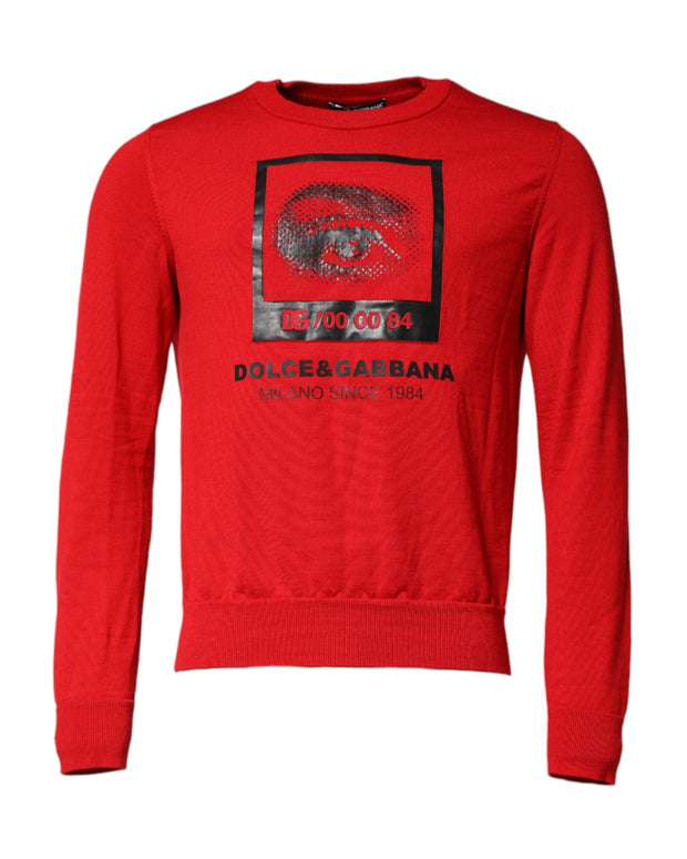 Red Eye Print Crew Neck Men Pullover Sweater