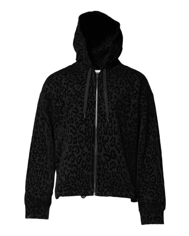 Black Leopard Full Zip Hooded Sweatshirt Sweater