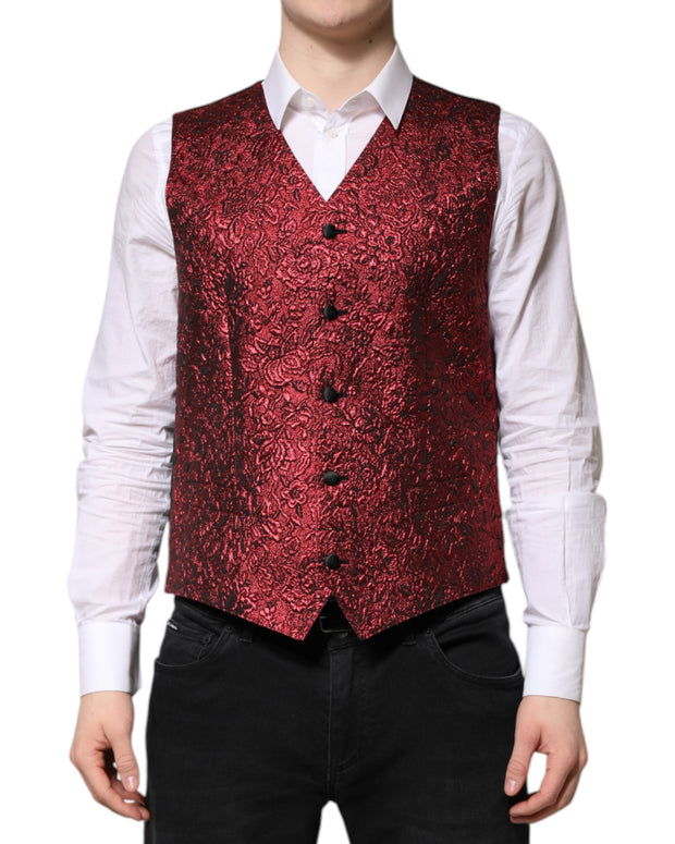 Red Floral Brocade Formal Men Waistcoat Vest
