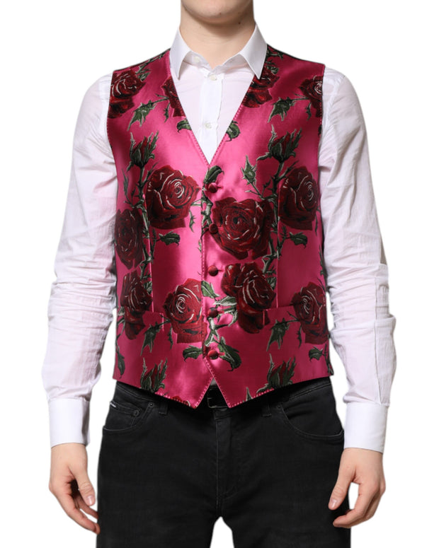 Pink Floral Satin Formal Men Waistcoat Vest