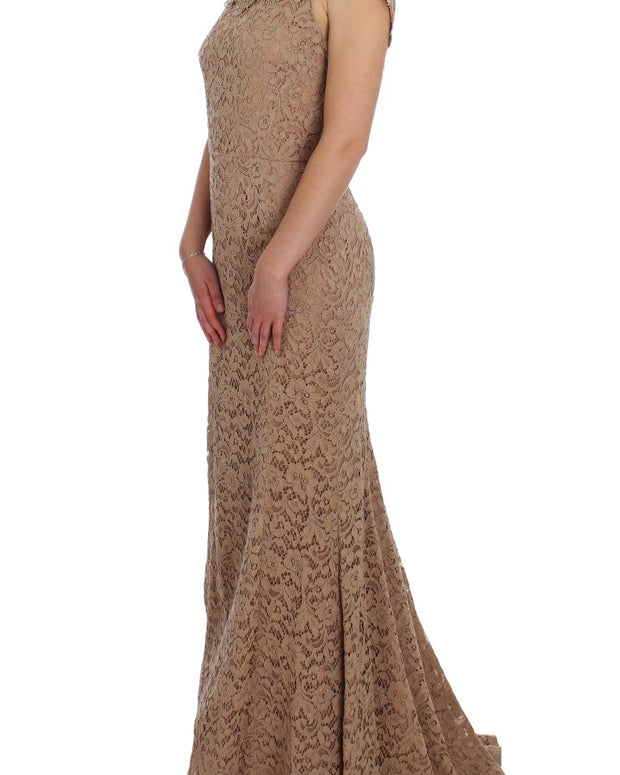 Pink Floral Lace Full Length Sheath Dress