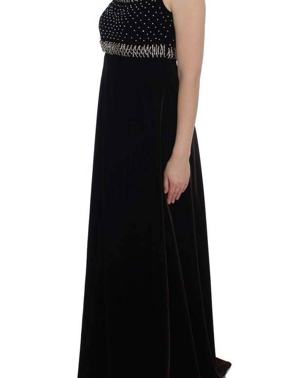Brown Velvet Crystal Sheath Gown Dress