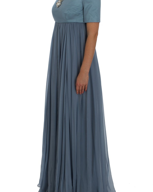 Blue Silk Crystal Sheath Gown Ball Dress