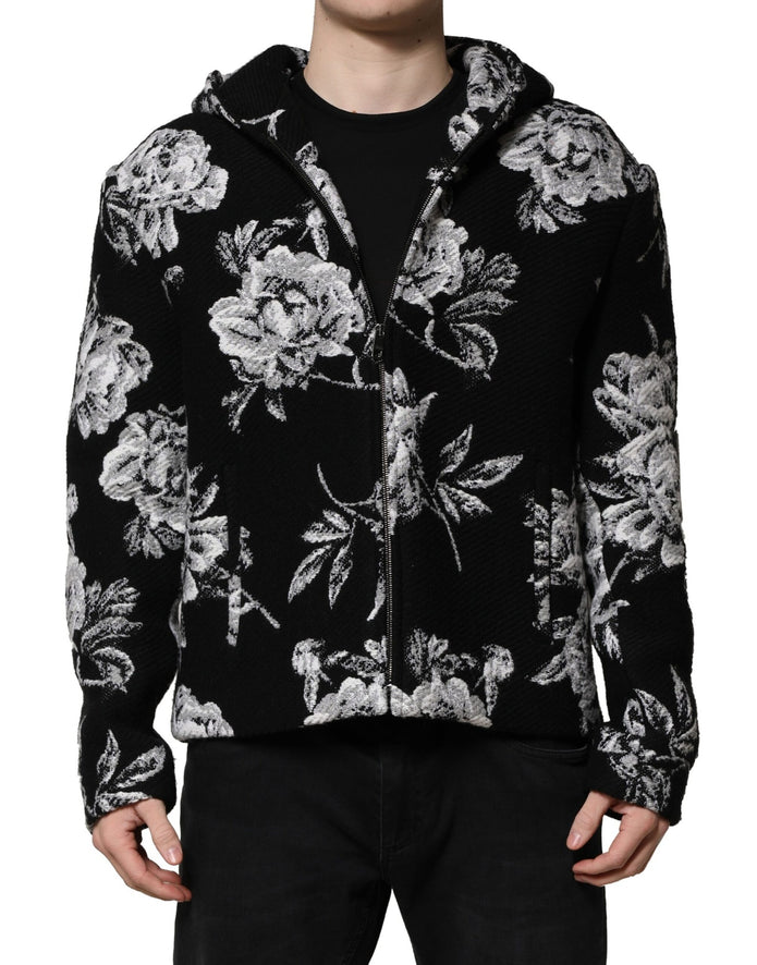 Black Wool Floral Printed Men Hooded Jacket