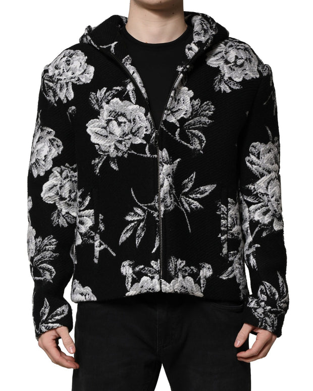 Black Wool Floral Printed Men Hooded Jacket