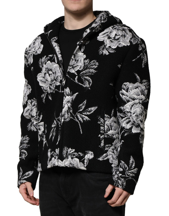 Black Wool Floral Printed Men Hooded Jacket