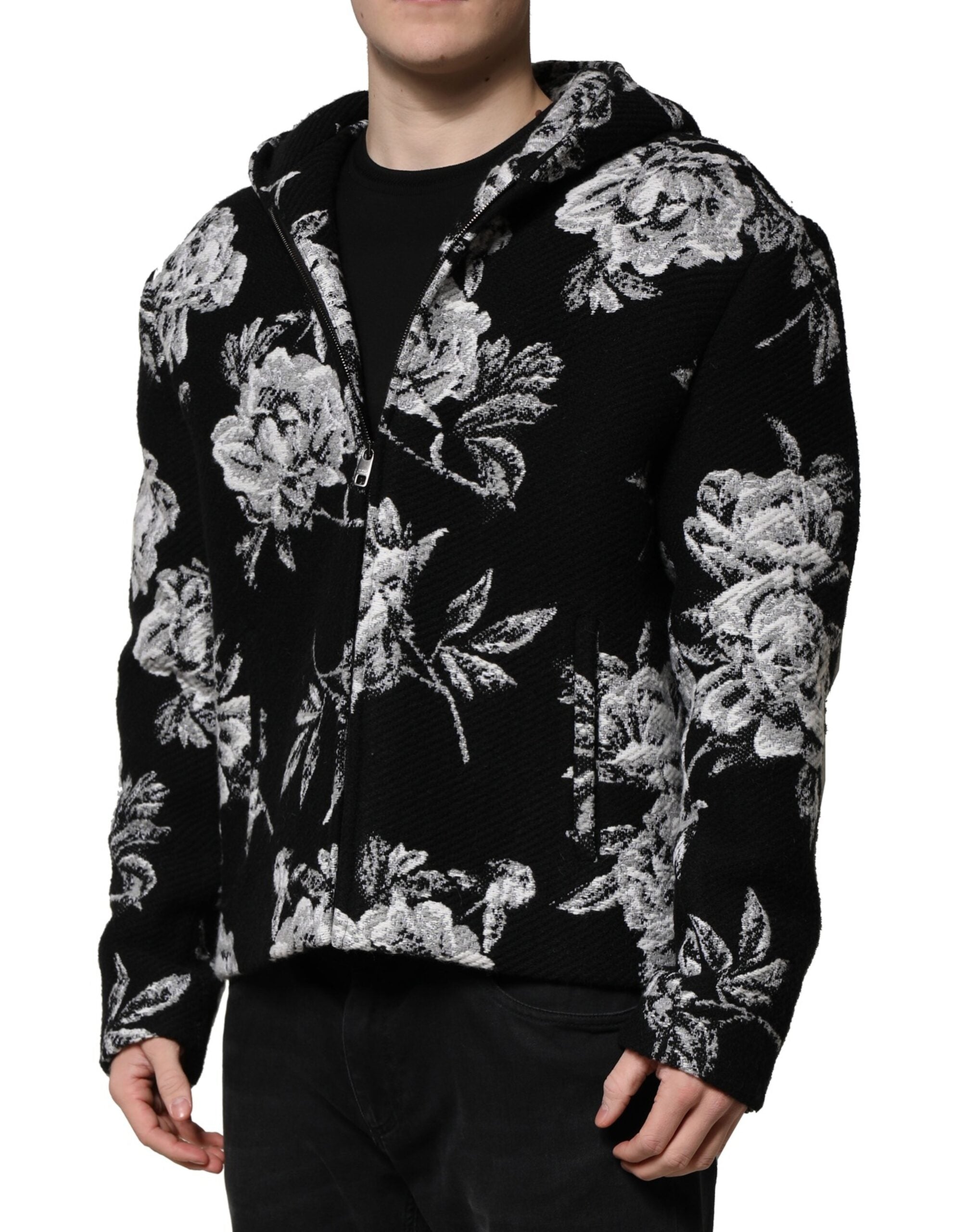 Black Wool Floral Printed Men Hooded Jacket