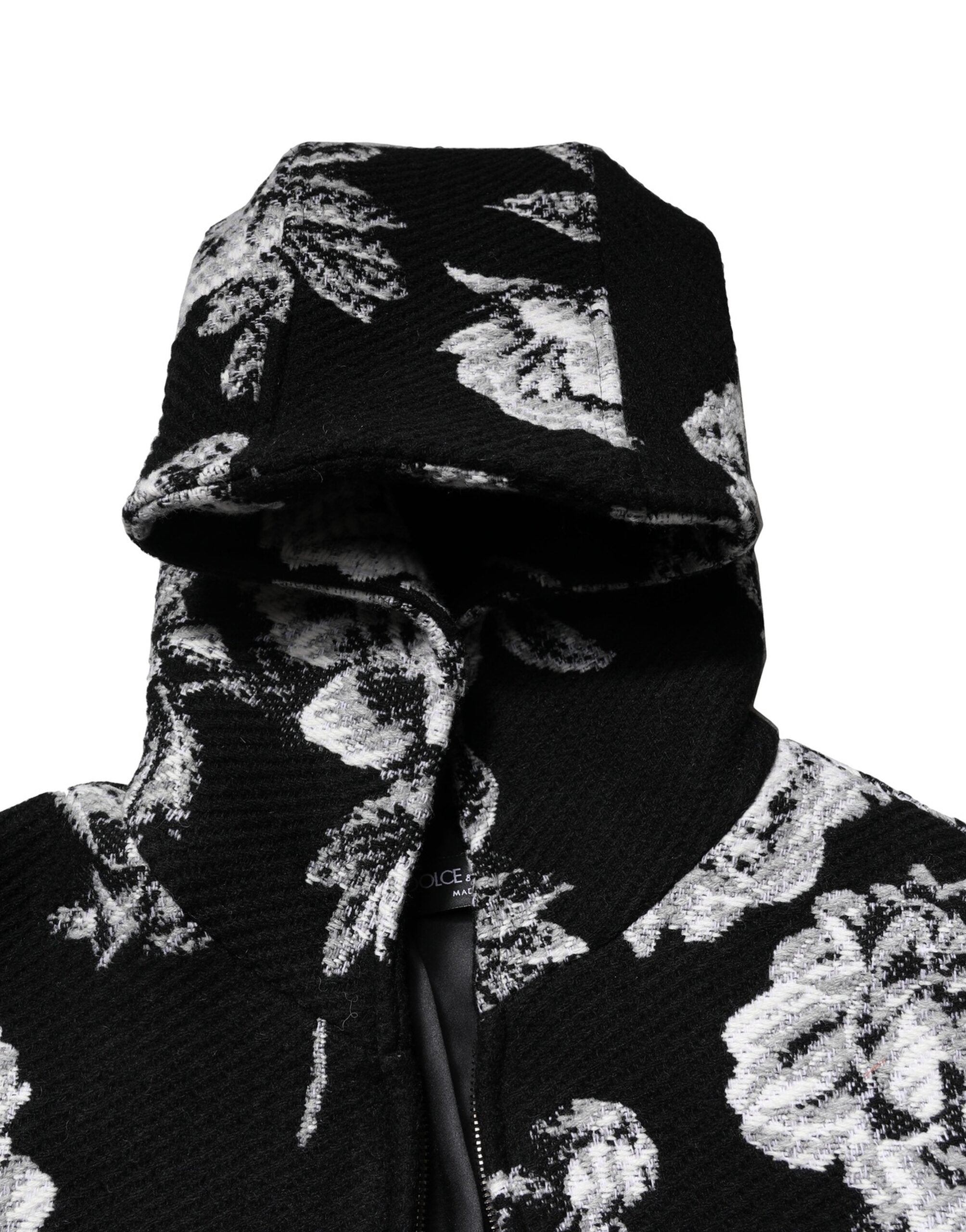 Black Wool Floral Printed Men Hooded Jacket