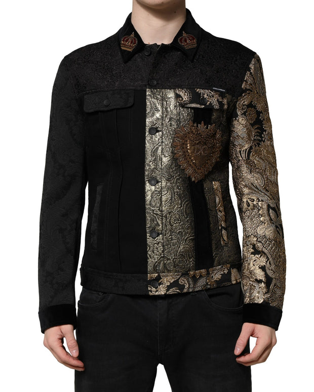 Black Gold Floral Jacquard Men Biker Jacket
