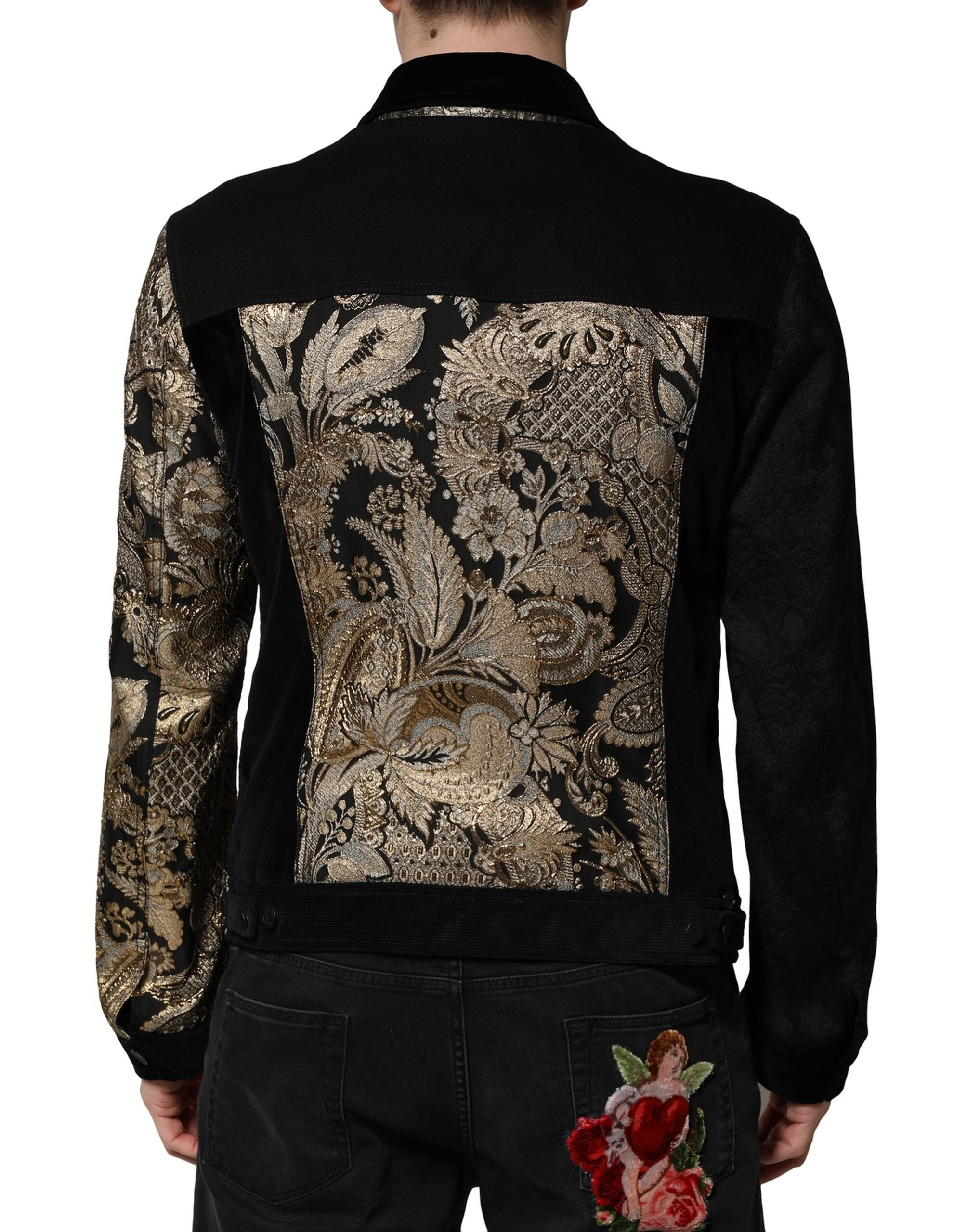 Black Gold Floral Jacquard Men Biker Jacket