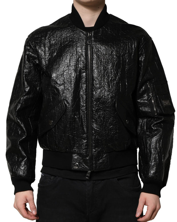 Black Logo Plaque Bomber Full Zipper Jacket