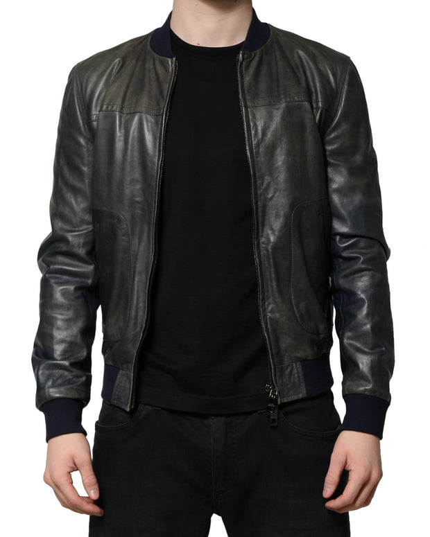 Black Lambskin Leather Biker Full Zip Jacket