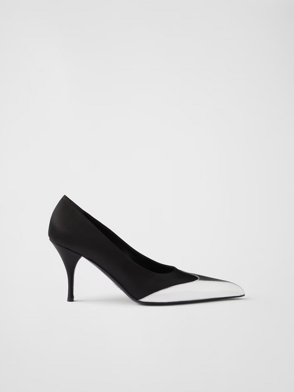 Black Satin And Metallic Silver Leather Pumps