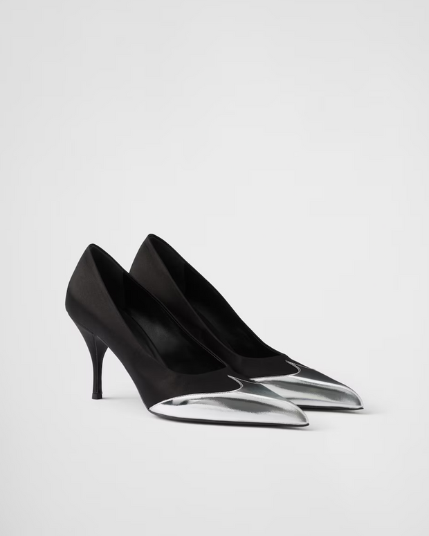 Black Satin And Metallic Silver Leather Pumps