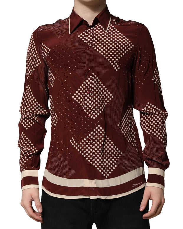 Maroon Dotted Silk Long Sleeve Casual Shirt