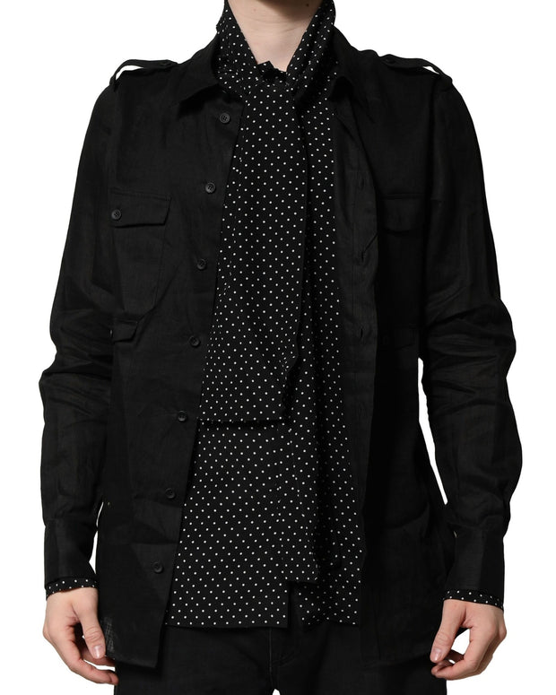 Black Polka Dot Collar Tie Neck Casual Shirt