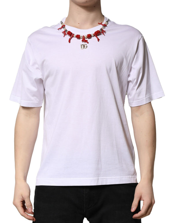 White Embellished Cotton Crew Neck T-shirt