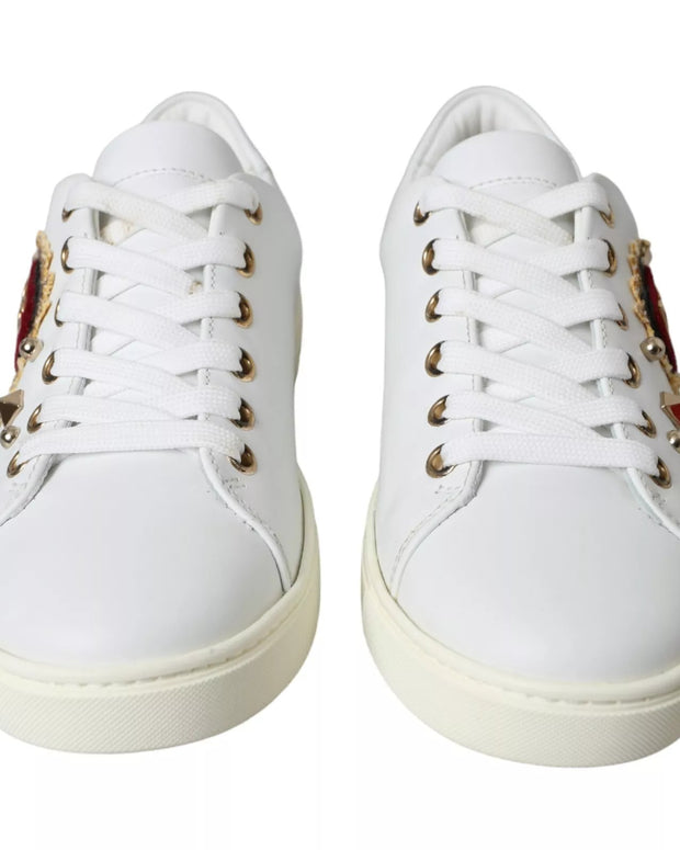 White Leather Gold Red Heart Sneakers Shoes