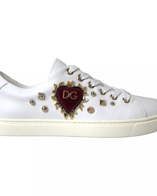 White Leather Gold Red Heart Sneakers Shoes