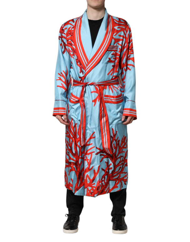 Blue Red Coral Print Wrap Robe Coat Jacket