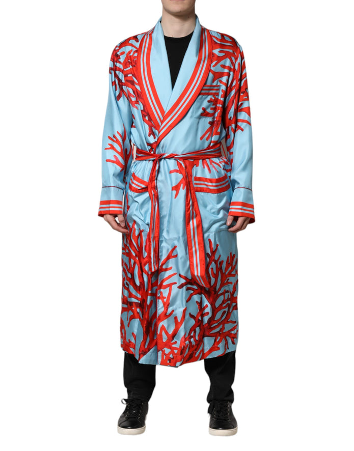 Blue Red Coral Print Wrap Robe Coat Jacket