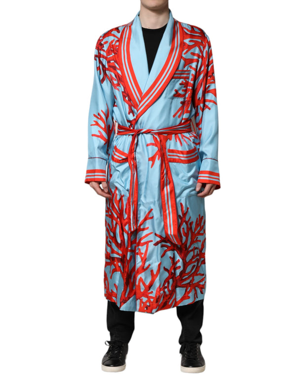 Blue Red Coral Print Wrap Robe Coat Jacket