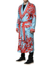 Blue Red Coral Print Wrap Robe Coat Jacket