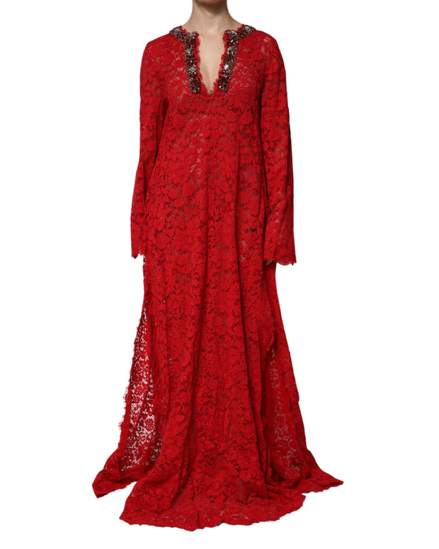 Red Floral Lace Rhinestone Embellished Dress