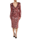 Pink Sequin Statement Nylon Midi V-Neck Dress