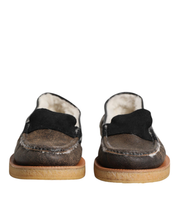 Brown White Calfskin Leather Loafers Shoes