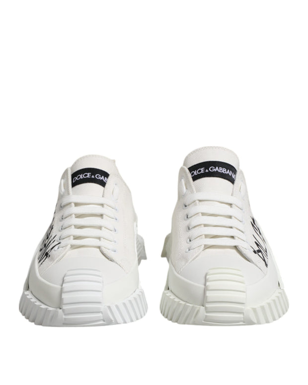 White Logo Print Lace Up Low Top Sneakers Shoes