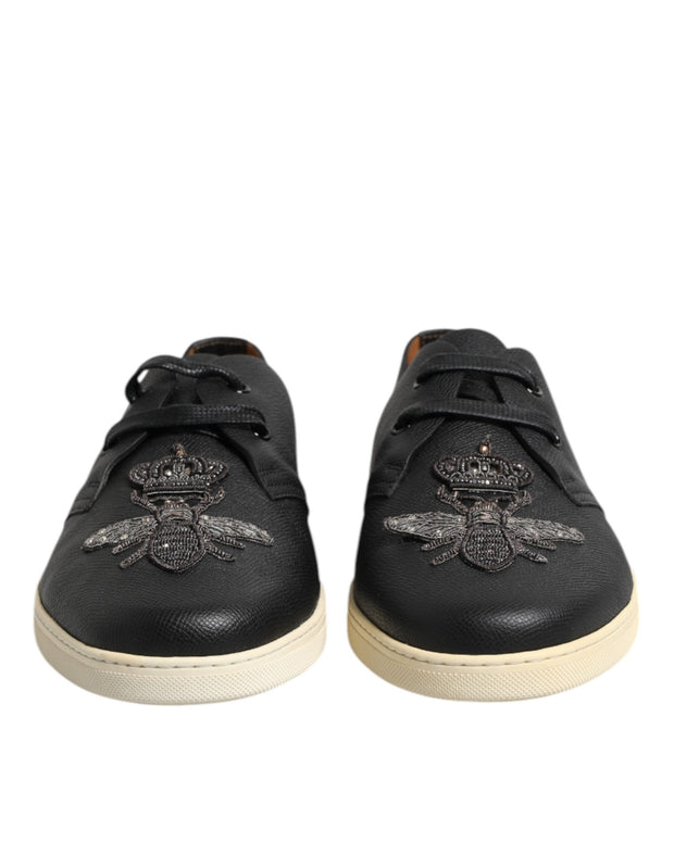 Black Leather Bee Crown Low Top Sneakers Shoes