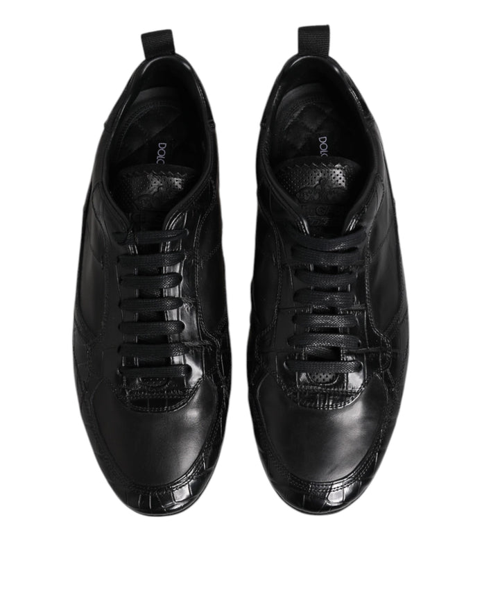 Black Exotic Leather Low Top Sneakers Shoes