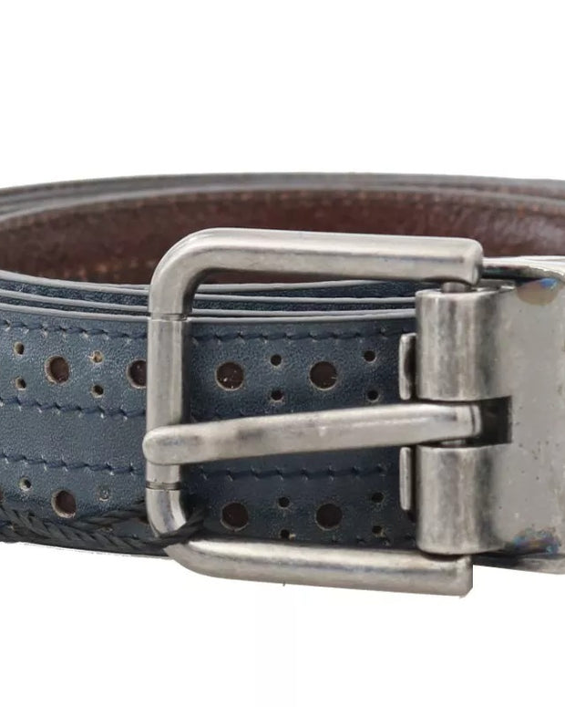 Blue Perforated Leather Gray Buckle Belt
