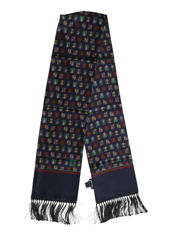 Blue Silk Printed Fringes Foulard Scarf