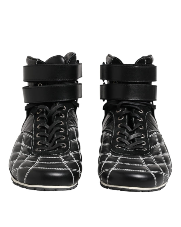 Black Quilted Leather Lace Up Sneakers Shoes