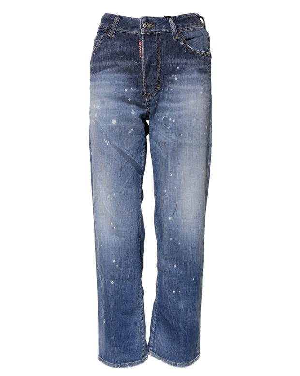 Blue Washed Cotton Mid Waist Straight Jeans