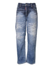 Blue Tattered Cotton Mid Waist Straight Denim Jeans