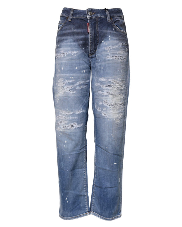 Blue Tattered Cotton Mid Waist Straight Denim Jeans
