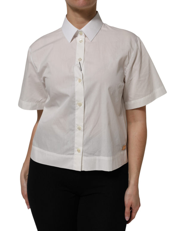 White Cotton Short Sleeves Collared Top Shirt