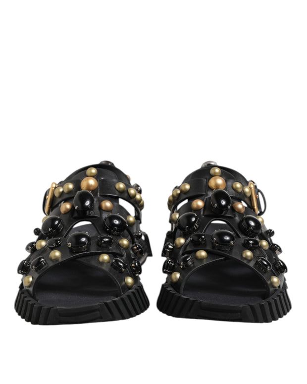Black Leather Studded Ankle Strap Sandals Shoes
